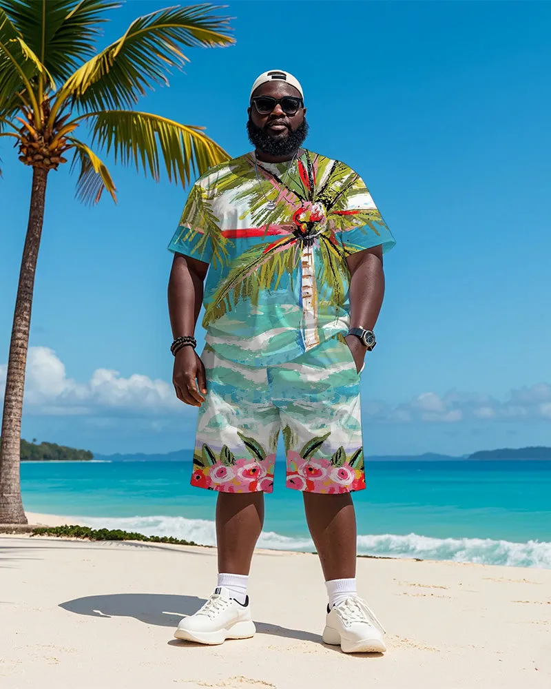 Big & Tall Men's Hawaiian Coconut Flower Graffiti Print Round Neck Short Sleeve T-Shirt Shorts Suit sold by Biggmans