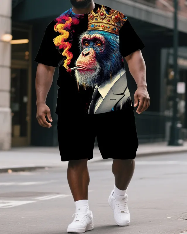 Men's Artistic Gorillas with Crown Print Summer Big & Tall Short-Sleeve T-shirt & Short Set sold by Biggmans
