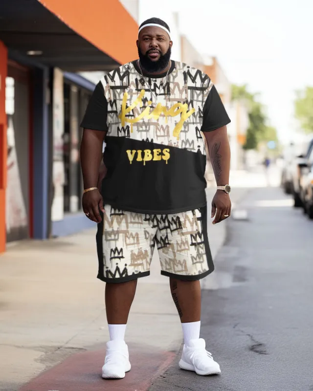 Men's Large Size Street King Vibes Color Block Graffiti Short Sleeve Shorts Suit sold by Biggmans