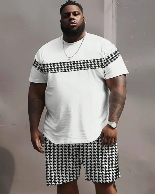 Men's Plus Size Casual Simple Houndstooth Color-block Printed T-shirt Shorts Suit sold by Biggmans