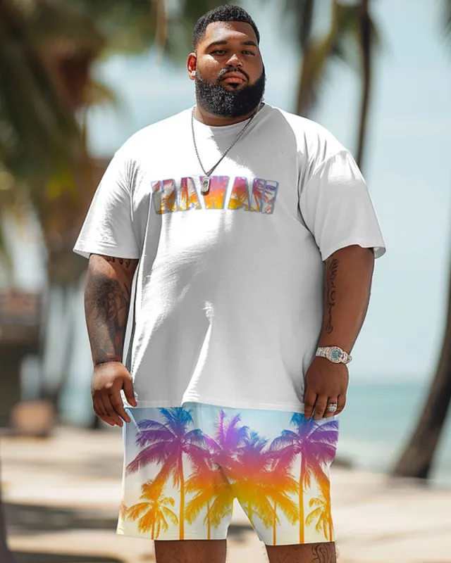 Men's Plus Size Hawaiian Gradient Coconut Tree Print T-Shirt Shorts Suit sold by Biggmans