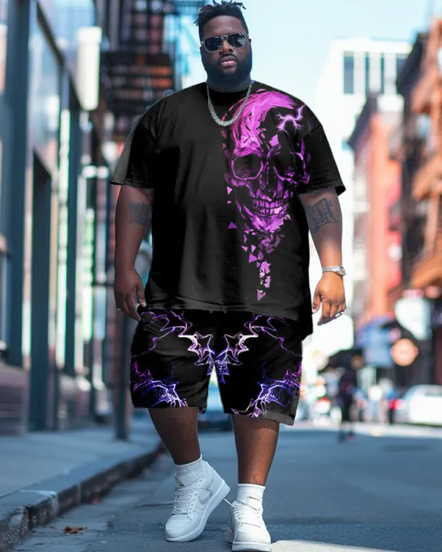Men's Plus Size Street Fashion Electric Shock Irregular Skull Print T-Shirt Shorts Suit sold by Biggmans