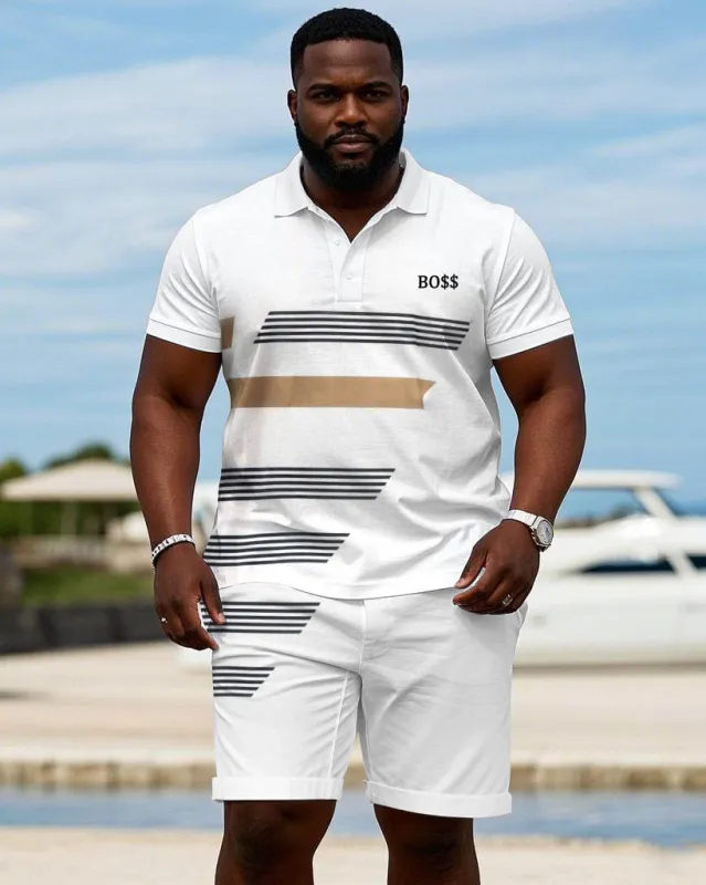 Brand "boss" Logo Chest Printed Casual Short Sleeve POLO Shorts Suit Men's Plus Size sold by Biggmans