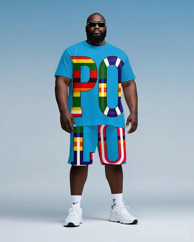 Men's Big Size Fashion Colorful Splicing Letter POLO Printed Short Sleeve T-shirt Shorts Set sold by Biggmans