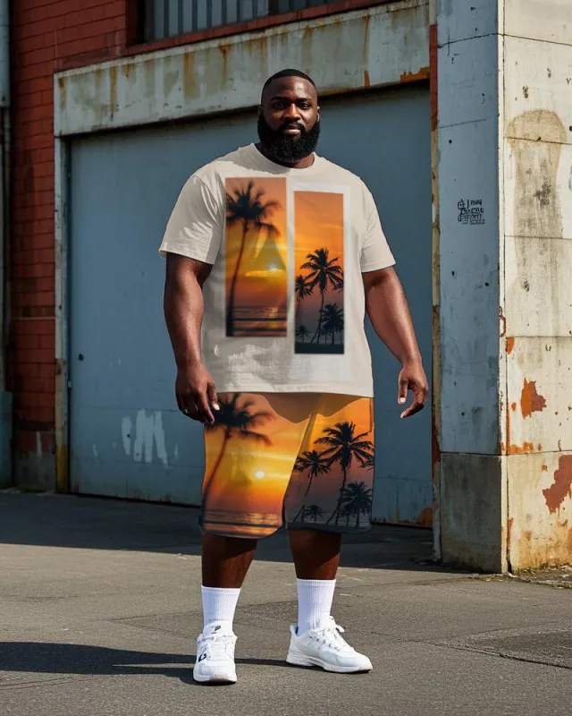 Men's Hawaiian Sunset Scenery Coconut Trees Printed Casual Big Size Short Sleeve T-shirt Shorts Set sold by Biggmans