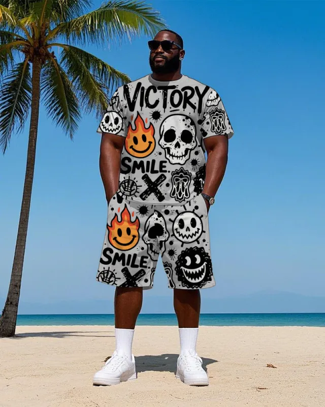 Big Men's Street Fashion Humor Skull Hip Hop Letter Printed Short Sleeve T-Shirt Shorts Set sold by Biggmans