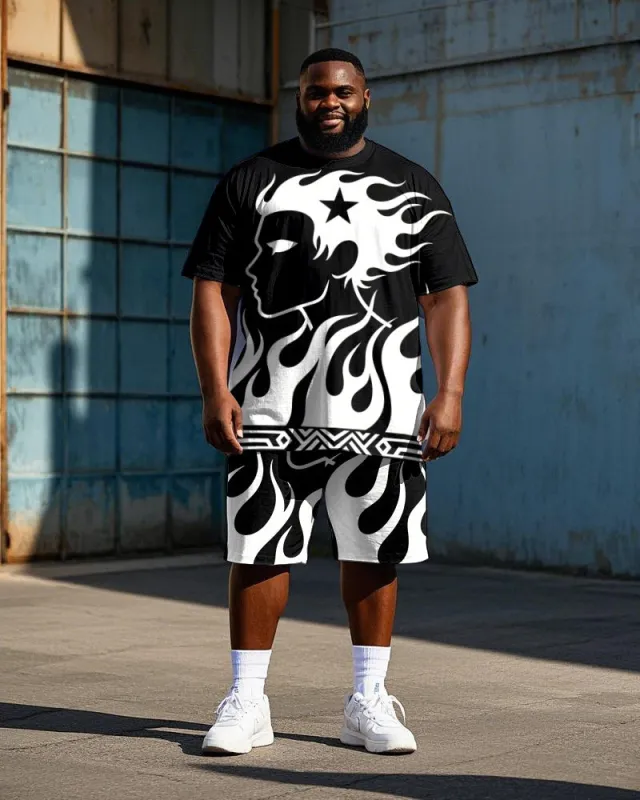 Big Men's Retro Side Face Silhouette Printed Street Fashion Short Sleeve T-Shirt Shorts Set sold by Biggmans
