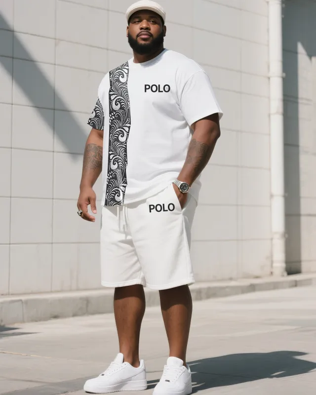 Men's Plus Size White Creative Stripe Polo English Print T-Shirt Shorts Suit sold by Biggmans