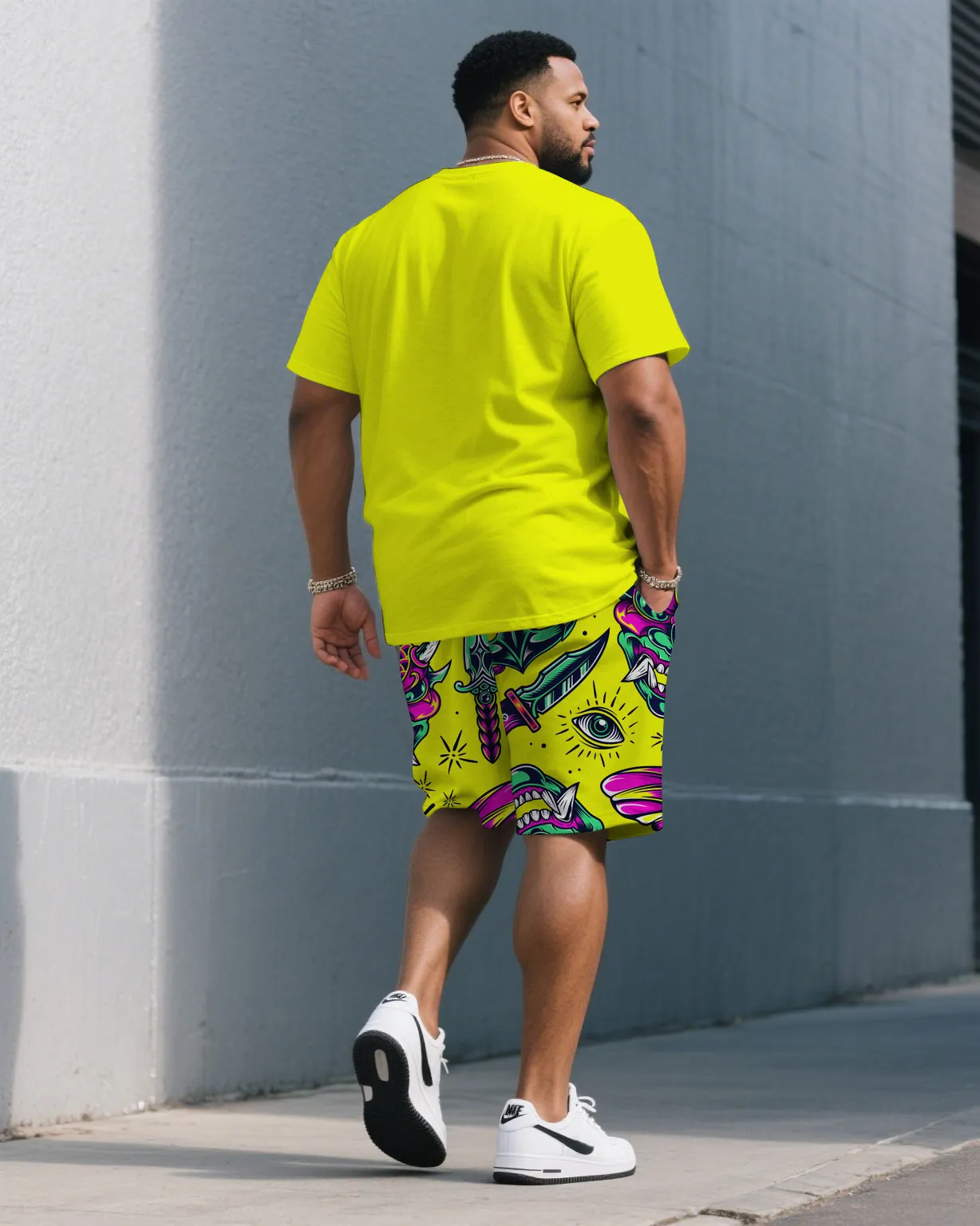 Men's Plus Size Fluorescent Yellow Solid Color Top With Graffiti Pants Round Neck Short Sleeve T-Shirt Shorts Suit sold by Biggmans product image thumbnail 4