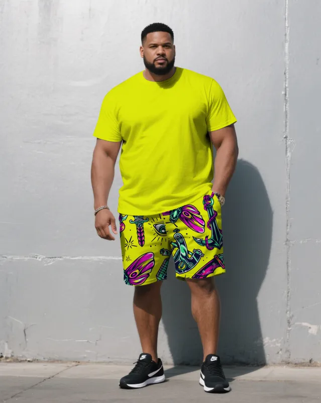 Men's Plus Size Fluorescent Yellow Solid Color Top With Graffiti Pants Round Neck Short Sleeve T-Shirt Shorts Suit sold by Biggmans