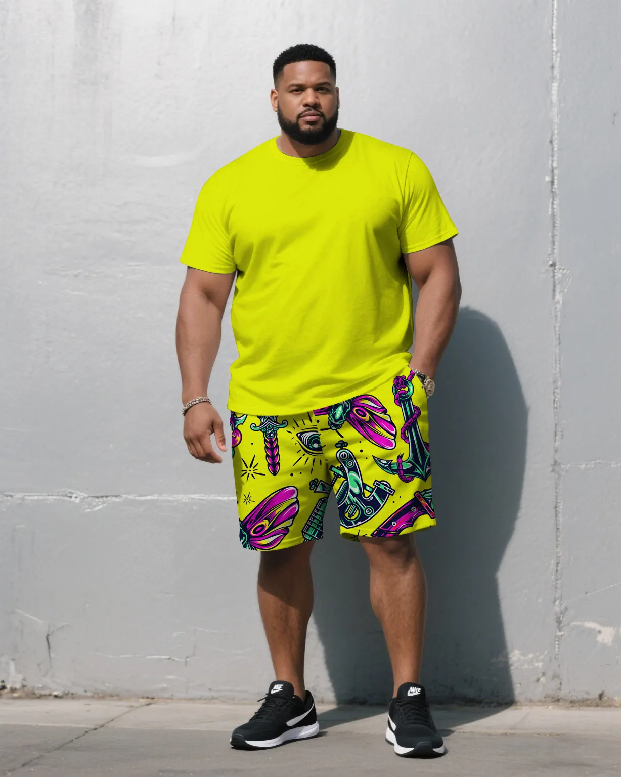 Men's Plus Size Fluorescent Yellow Solid Color Top With Graffiti Pants Round Neck Short Sleeve T-Shirt Shorts Suit sold by Biggmans