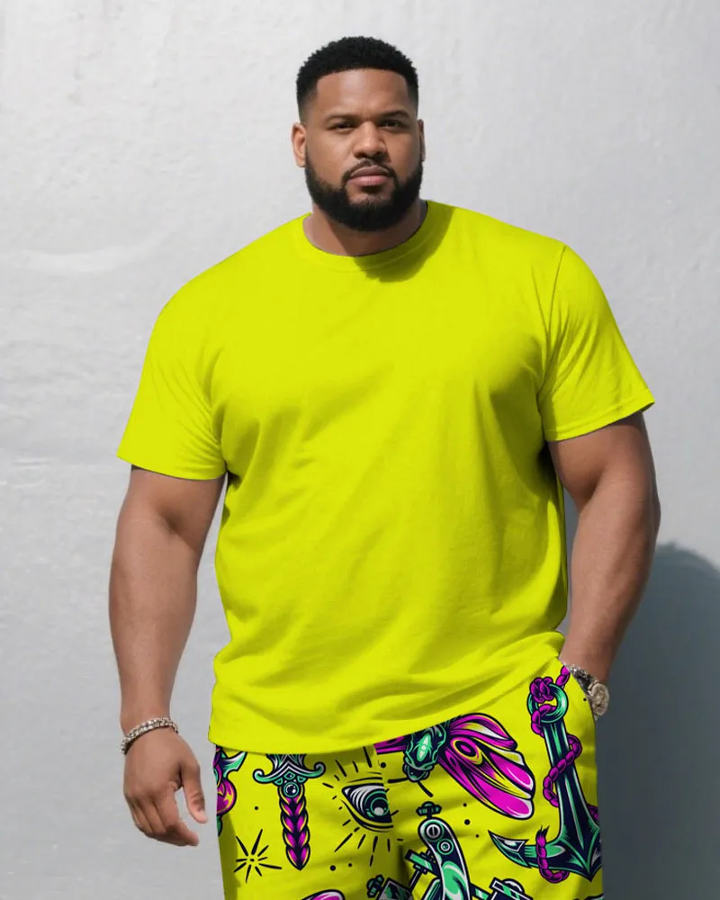 Men's Plus Size Fluorescent Yellow Solid Color Top With Graffiti Pants Round Neck Short Sleeve T-Shirt Shorts Suit sold by Biggmans product image thumbnail 2