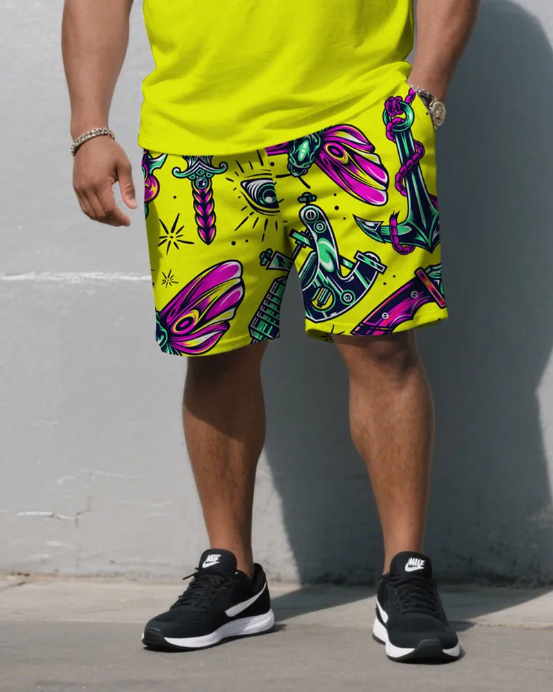 Men's Plus Size Fluorescent Yellow Solid Color Top With Graffiti Pants Round Neck Short Sleeve T-Shirt Shorts Suit sold by Biggmans product image thumbnail 3