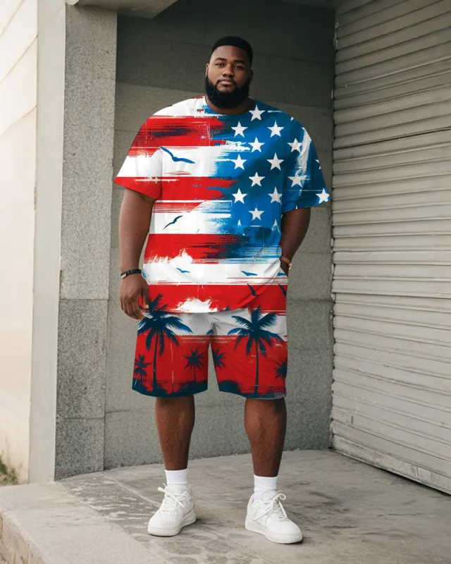 Men's Plus Size Independence Day Flag Coconut Tree Print Round Neck Short Sleeve T-Shirt Shorts Suit sold by Biggmans