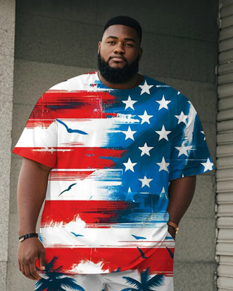 Men's Plus Size Independence Day Flag Coconut Tree Print Round Neck Short Sleeve T-Shirt Shorts Suit sold by Biggmans product image thumbnail 2