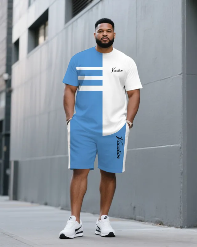 Men's Plus Size White & Blue Pants Side-stitched Round Neck Short-sleeved T-shirt Half-length Pants Suit sold by Biggmans