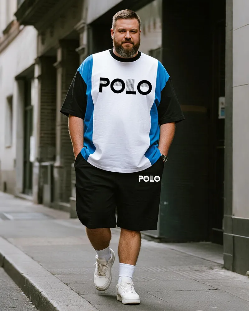 Big & Tall Men's Black And Blue Colorblock Alphabet Print Round Neck Short Sleeve T-Shirt Shorts Suit sold by Biggmans