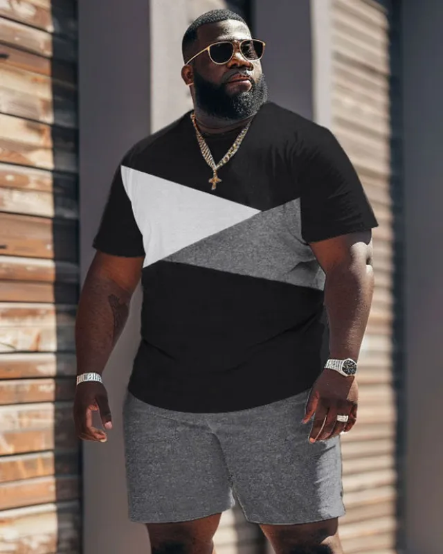 Street Casual Simple Black And White Gray Color Block Printing Large Men's Set sold by Biggmans
