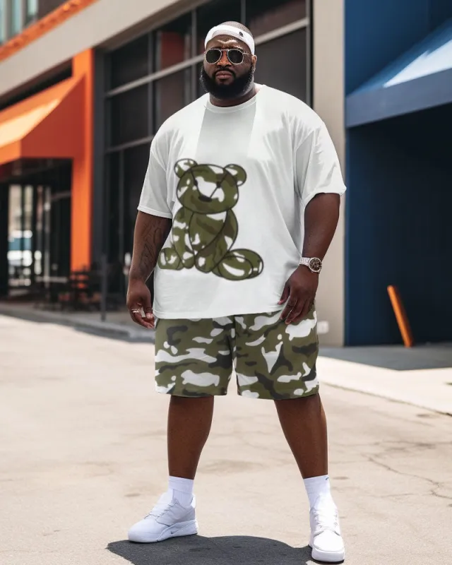 Men's Large Size Street Cartoon Bear Camouflage Graffiti Short Sleeve Shorts Set sold by Biggmans
