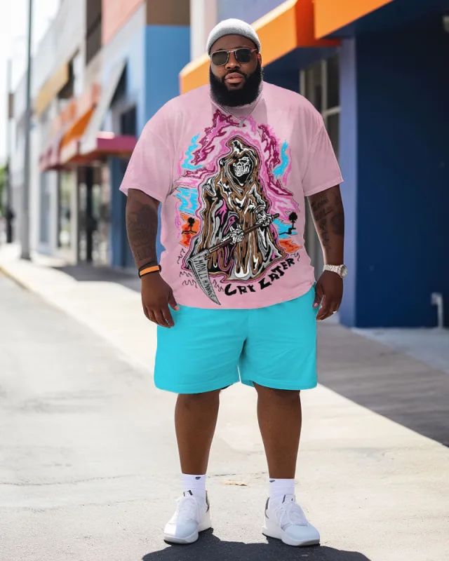 Men's Personalized Color Skull Flame Large Size Contrasting Color T-Shirt Shorts Suit sold by Biggmans