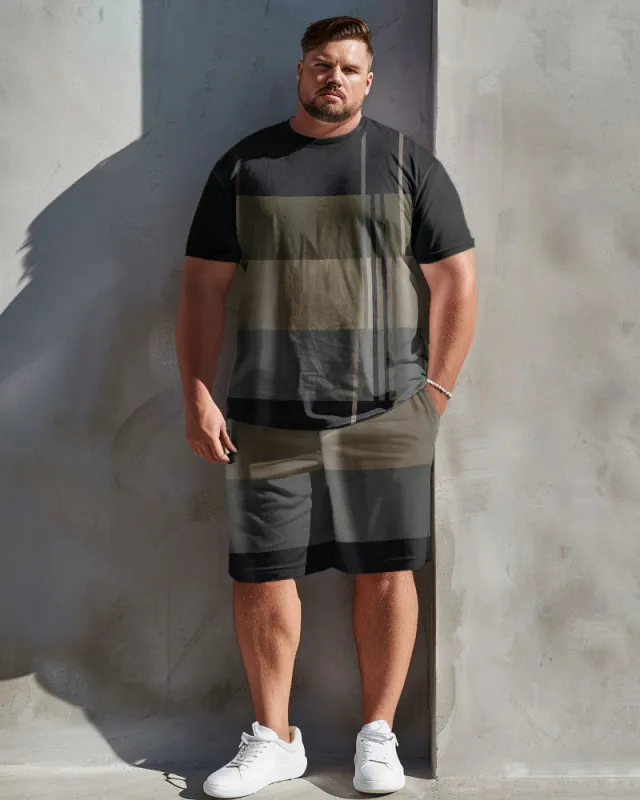 Men's Plus Size Earth Tone Stripe Print T-Shirt Shorts Suit sold by Biggmans