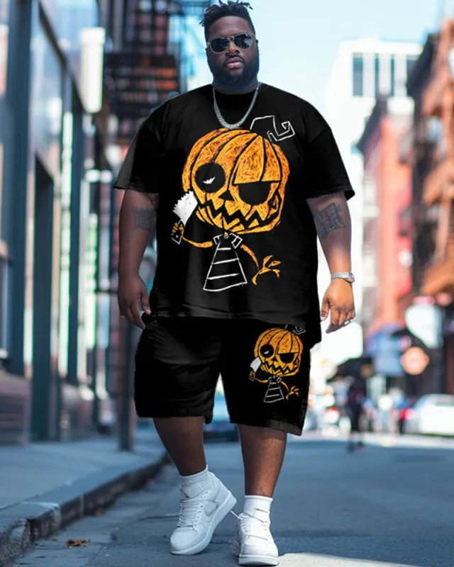 Men's Plus Size Street Fashion Black Pumpkin Head Printed T-Shirt Shorts Suit sold by Biggmans