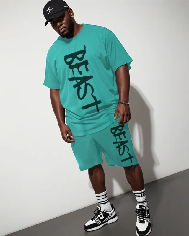 Men's Plus Size Street Hip Hop Green Beast Alphabet Print Short Sleeve T-Shirt Shorts Suit sold by Biggmans