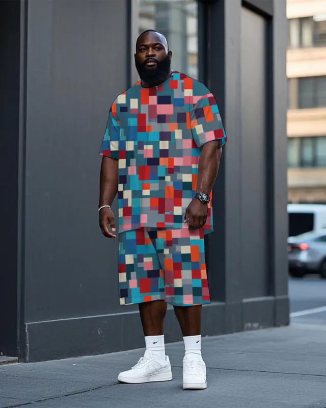 Men's Big Size Colorful Plaid Mosaic All Over Printed Short Sleeve T-shirt and Shorts Set sold by Biggmans