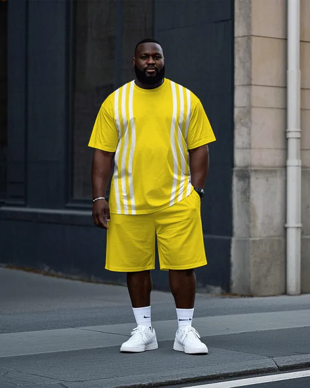 Big Men's Daily Casual Simple White Stripe Printed Short Sleeve T-Shirt Shorts Set sold by Biggmans