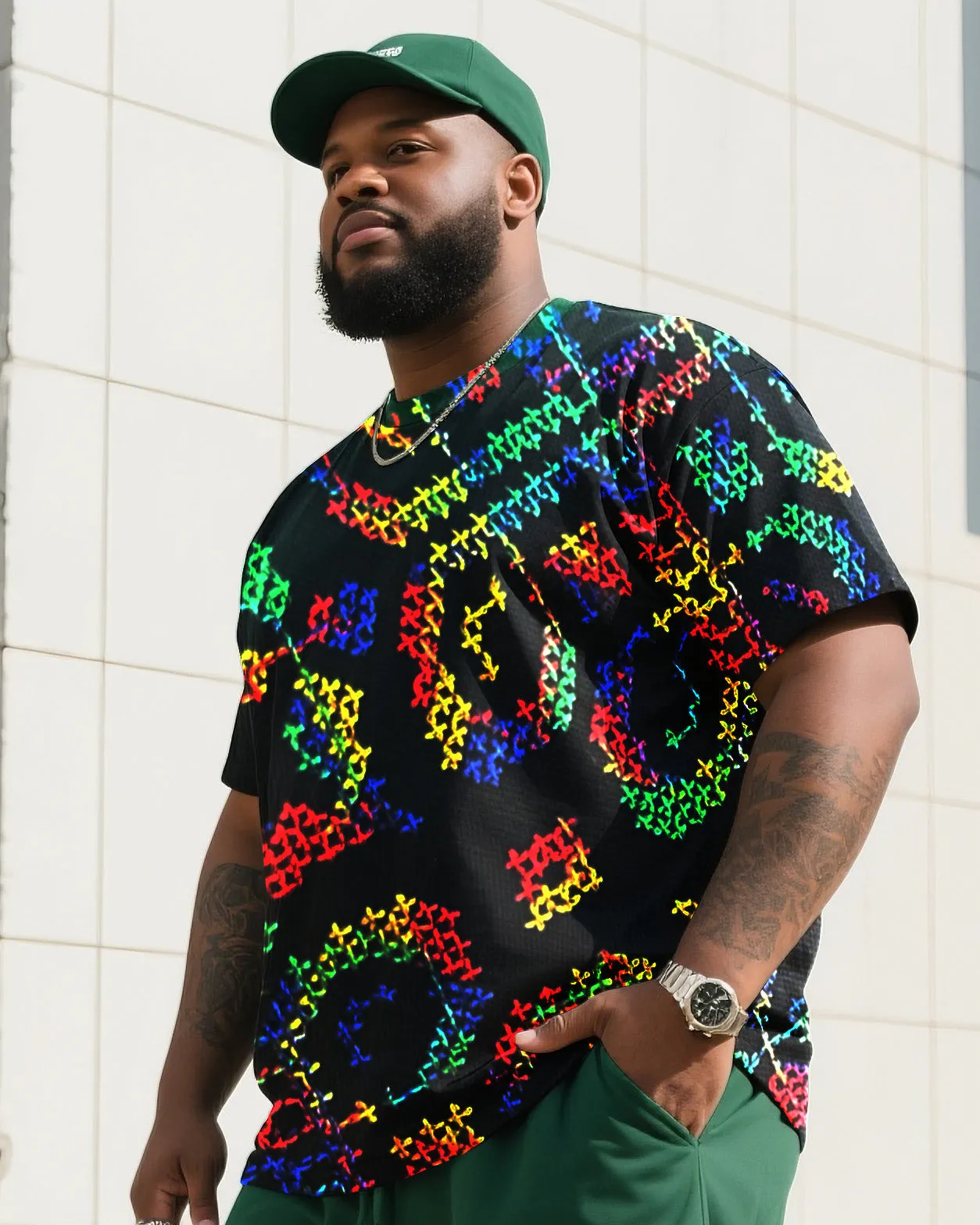 Men's Plus Size Mars Green Fashion Print T-Shirt Shorts Suit sold by Biggmans product image thumbnail 3