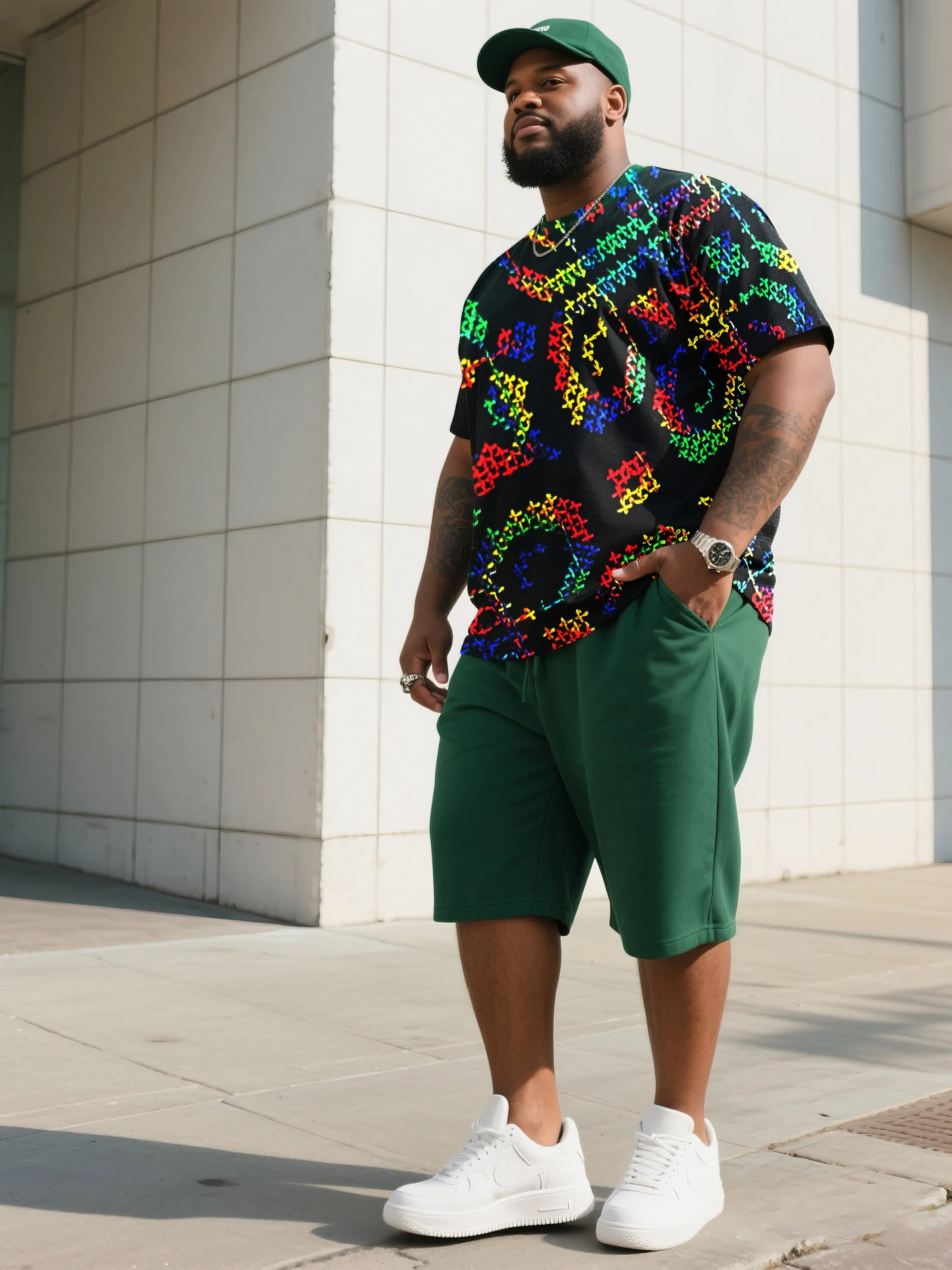 Men's Plus Size Mars Green Fashion Print T-Shirt Shorts Suit sold by Biggmans