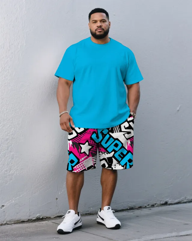 Men's Plus Size Street Graffiti Pants With Blue Solid Color Round Neck Short Sleeve T-Shirt Shorts Suit sold by Biggmans
