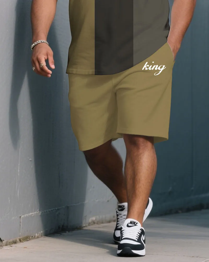 Men's Plus Size Fashion Khaki & Grey Colorblock Design Chest King Print Round Neck Short Sleeve T-Shirt Shorts Suit sold by Biggmans product image thumbnail 3