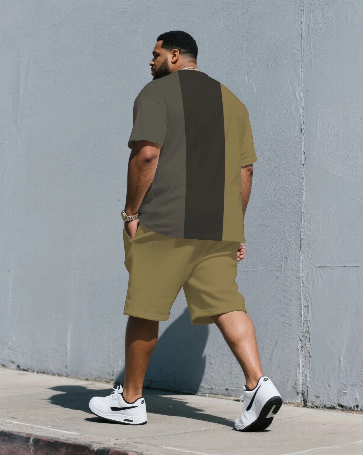 Men's Plus Size Fashion Khaki & Grey Colorblock Design Chest King Print Round Neck Short Sleeve T-Shirt Shorts Suit sold by Biggmans product image thumbnail 4