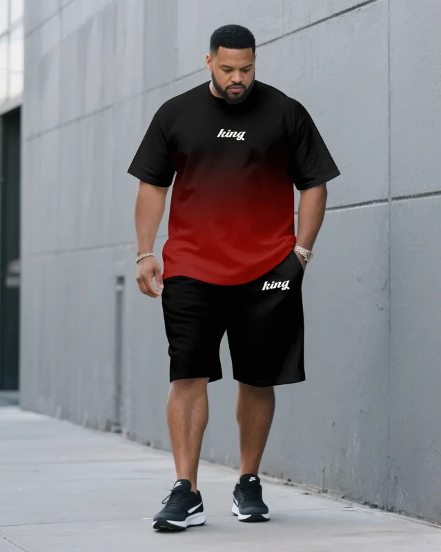 Men's Plus Size Black & Red Chest King Small Label Printed Round Neck Short Sleeve T-Shirt Shorts Suit sold by Biggmans