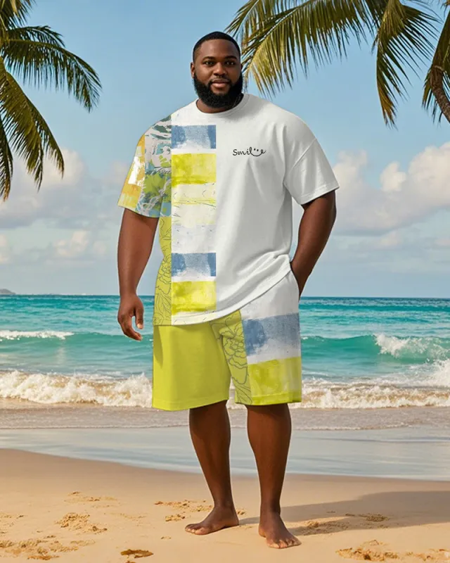 Big & Tall Men's Hawaiian Teal Striped Alphabet Print Round Neck Short Sleeve T-Shirt Shorts Suit sold by Biggmans