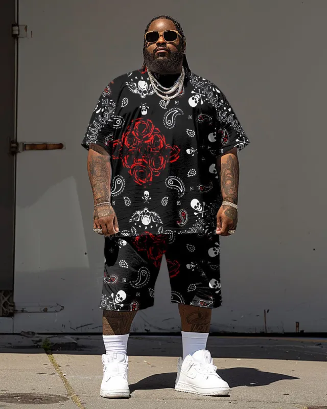 Men's Plus Size Street Hip Hop Rose Skull Paisley Print T-Shirt Shorts Suit sold by Biggmans