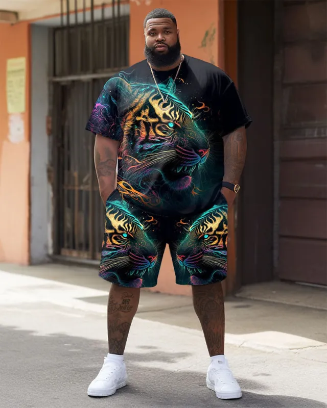 Men's Plus Size Street Casual Color Painting Tiger Print T-Shirt Shorts Suit sold by Biggmans