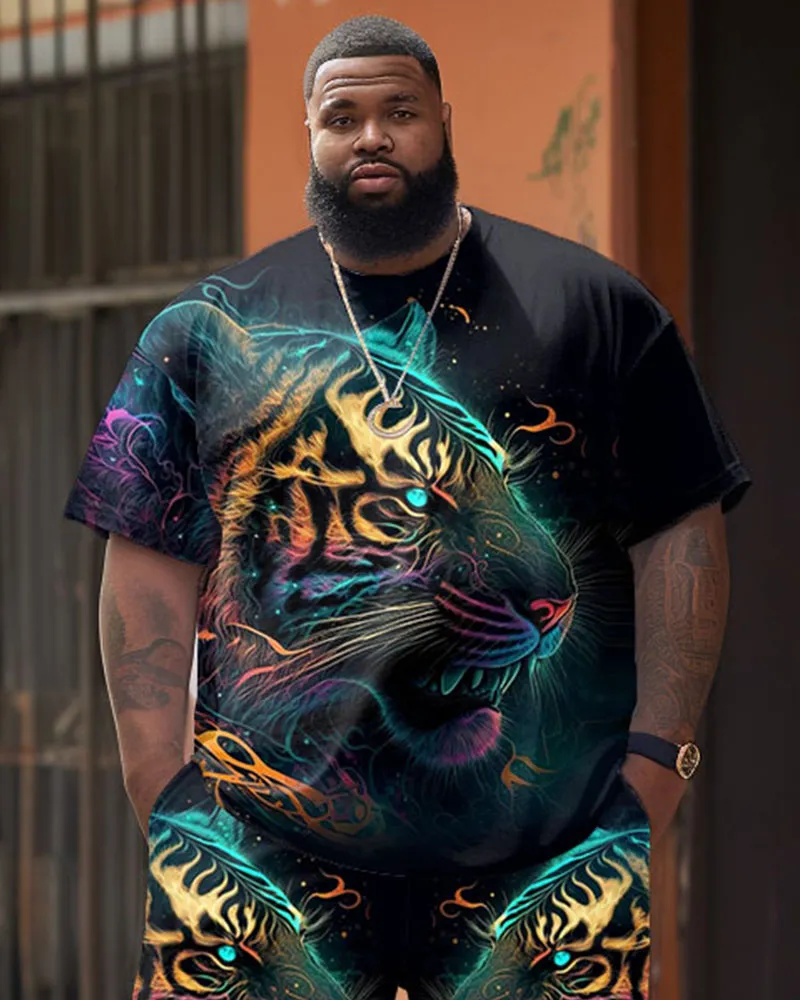 Men's Plus Size Street Casual Color Painting Tiger Print T-Shirt Shorts Suit sold by Biggmans product image thumbnail 2