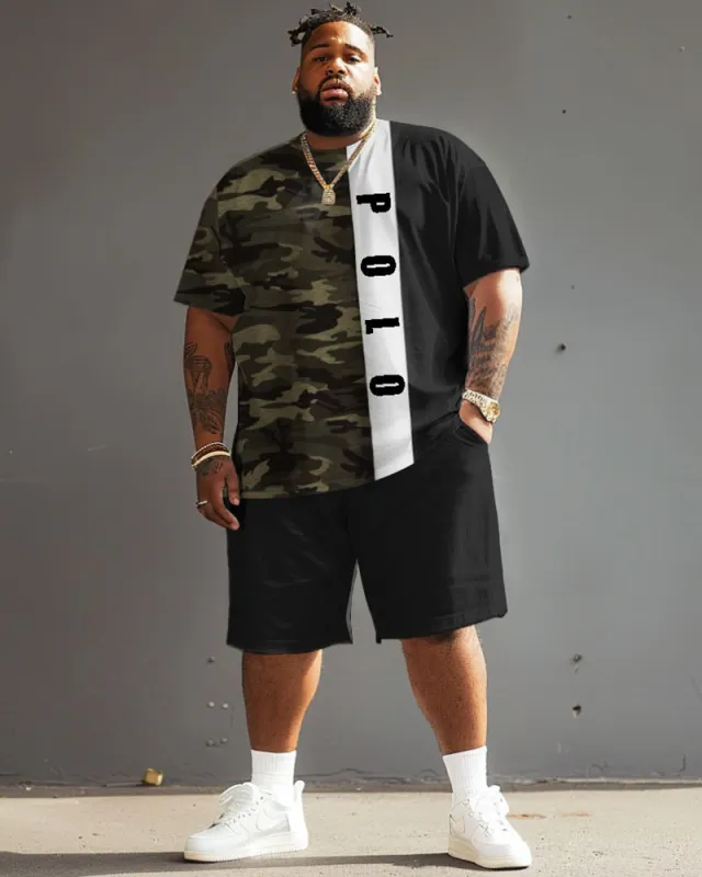 Men's Plus Size Street Fashion Camouflage Patchwork Letter Print T-Shirt Shorts Suit sold by Biggmans