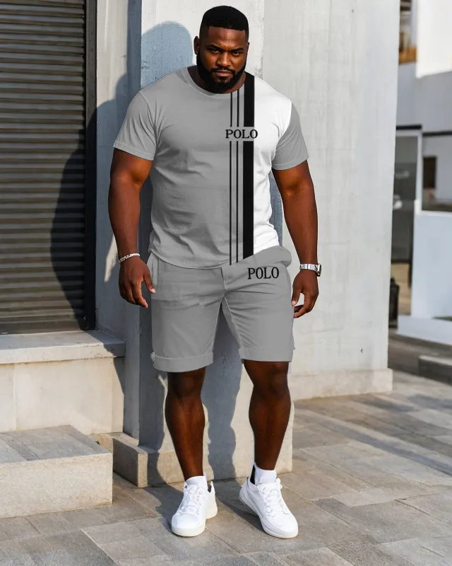 Men's Plus Size White & Grey Colorblock Short Sleeve T-Shirt Shorts Suit sold by Biggmans