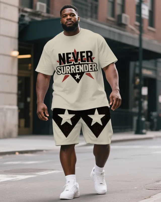 Big Men's Casual Trendy NEVER SURRENDER Stars Printed Short Sleeve T-Shirt Shorts 2-piece Suit sold by Biggmans
