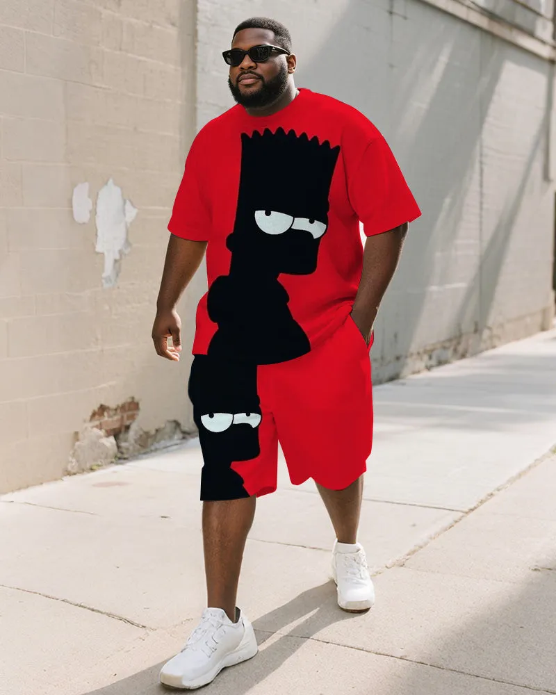 Men's Plus Size Black Red Cartoon Print Short Sleeve T-shirt Shorts Suit sold by Biggmans