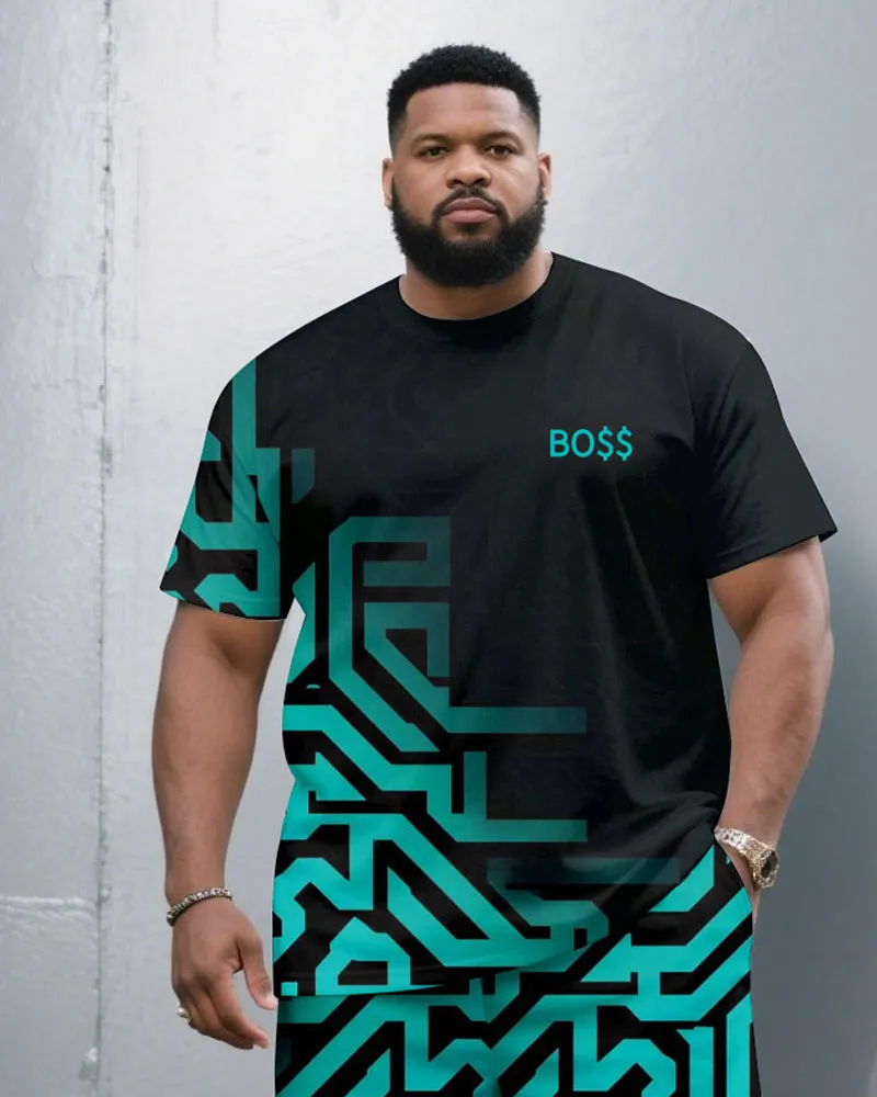 Men's Plus Size Black Fashion Maze Geometric Pattern Chest Small Label Printed Round Neck Short Sleeve T-Shirt Shorts Suit sold by Biggmans product image thumbnail 2