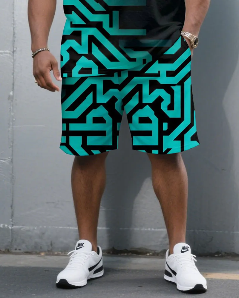 Men's Plus Size Black Fashion Maze Geometric Pattern Chest Small Label Printed Round Neck Short Sleeve T-Shirt Shorts Suit sold by Biggmans product image thumbnail 3