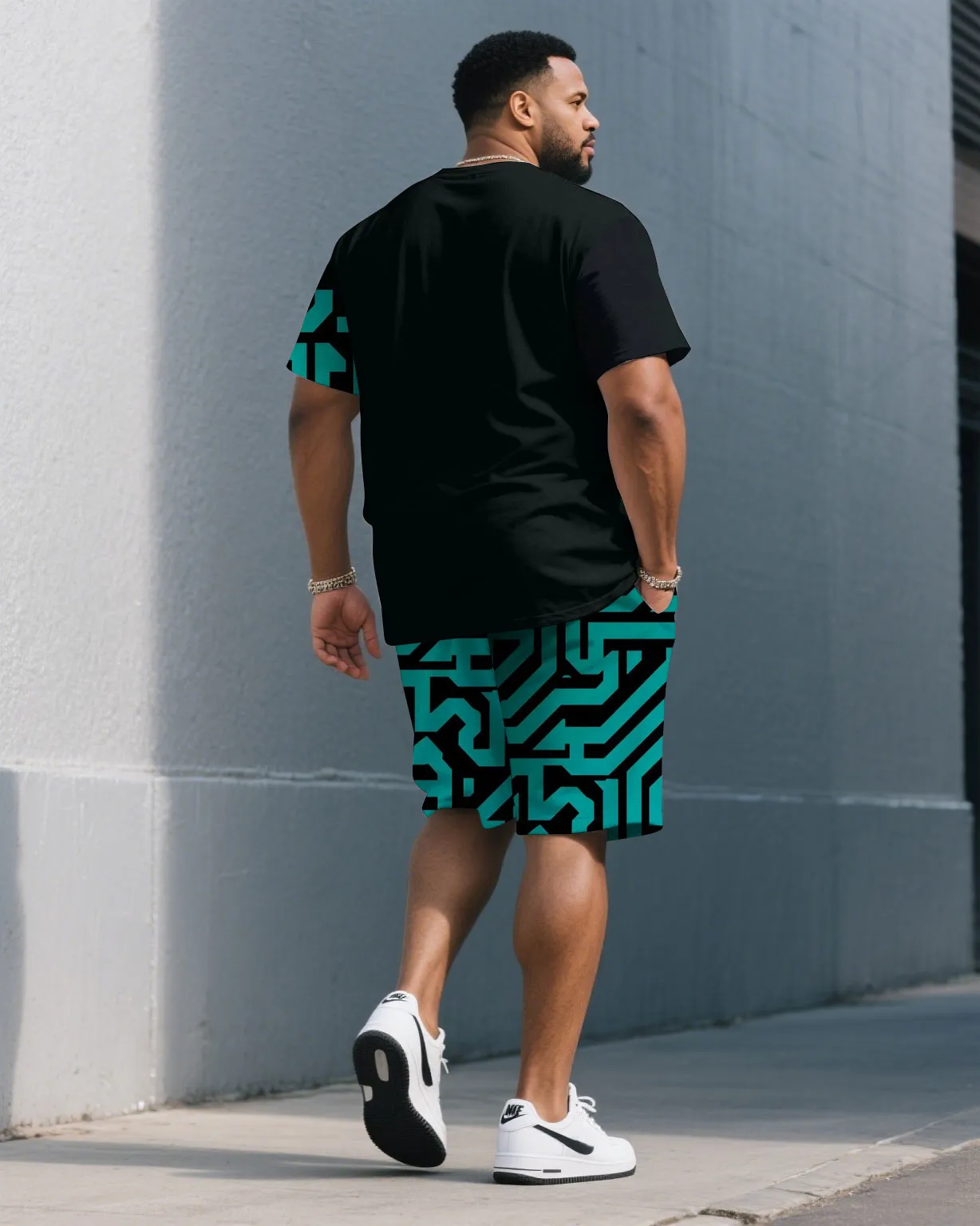 Men's Plus Size Black Fashion Maze Geometric Pattern Chest Small Label Printed Round Neck Short Sleeve T-Shirt Shorts Suit sold by Biggmans product image thumbnail 4