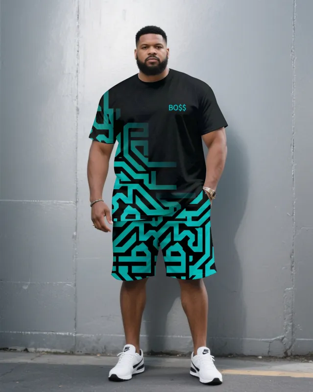 Men's Plus Size Black Fashion Maze Geometric Pattern Chest Small Label Printed Round Neck Short Sleeve T-Shirt Shorts Suit sold by Biggmans