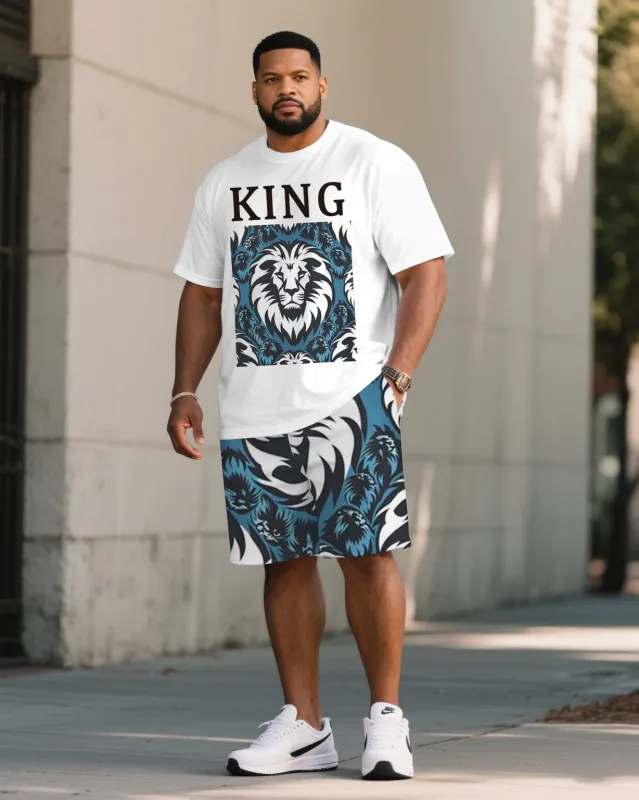 Big & Tall Men White Lion Print KING Printed Round Neck Short Sleeve T-Shirt Shorts Suit sold by Biggmans