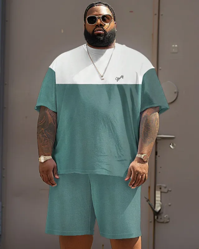 Men's Plus Size Casual Simple Color Block Printed T-shirt Shorts Suit made by Biggmans