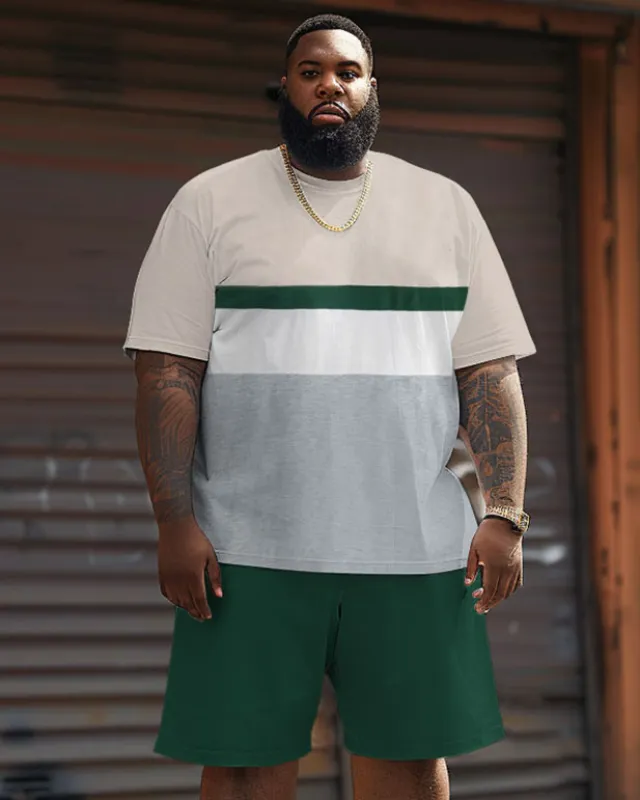 Casual Simple Strip Color Block Large Size Men's T-shirt Shorts Set sold by Biggmans